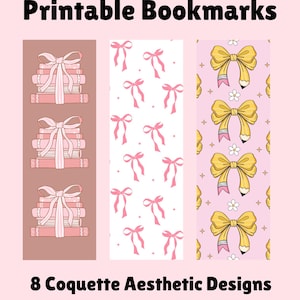 Set van 8 Coquette-afdrukbare bladwijzers | Schattige pastelkleur | Digitale download | Cadeaus voor boekenliefhebbers | Romantische bladwijzers | Soft Girl-tijdperk | Roze strikken