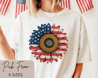 Patriotic Sunflower T-Shirt, American Flag Shirt, USA Flower Tee, Fourth of July Outfit, Vintage America Top, Summer Freedom Shirt