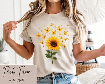 Sunflower and Butterfly Tshirt, Bella Canvas Sunflower Tee, Bella Canvas Sunflower, Sunflower Cotton T Shirt, Plus Size Sunflower Shirt