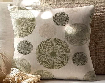 Mid Century Modern Cushion Cover, Olive Green Circle Pattern Japandi Minimalist Pillowcase, Scandinavian Neutral Abstract Throw Pillow Case
