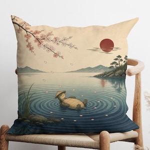 Japandi Floating Turtle Cushion Cover, Japanese Pond Pillow, Zen Water Garden Decor, Relaxing Frog Art, Minimalist Asian Throw Pillow
