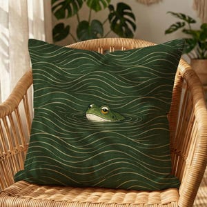 Green Frog Japandi Pillowcase, Vintage Inspired Japanese Art Throw Pillow Cover, Cottagecore Home Decor Cushion Cover