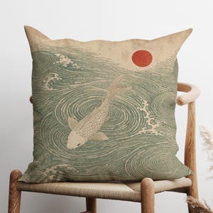 Funda de cojín beige con estampado de peces koi de Japandi, decoración minimalista zen japonesa, funda de almohada beige con estampado de olas, cojín decorativo con estética Wabi Sabi para el hogar.