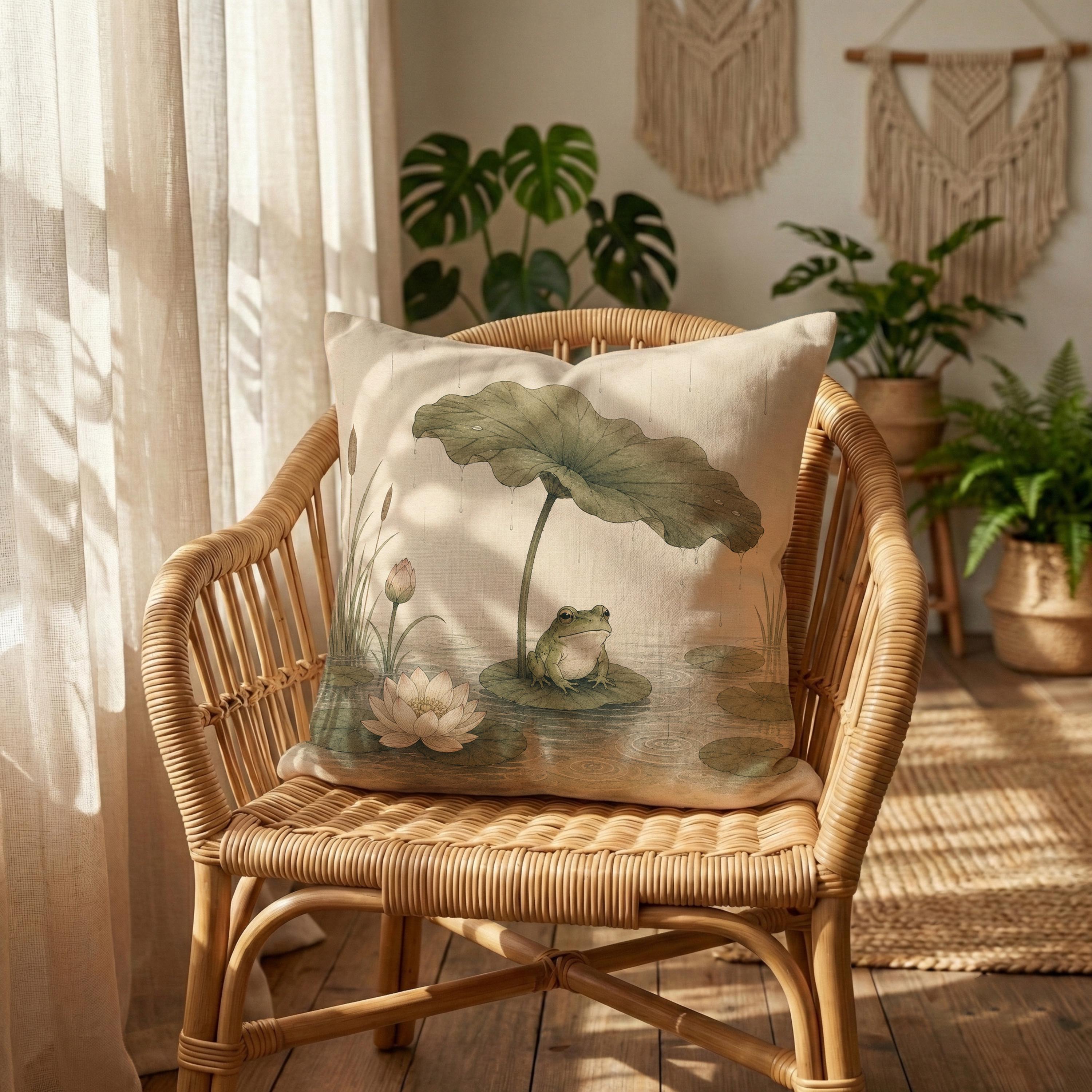 Frog Under Lotus Leaf Cushion Cover, Japanese Pond Pillowcase
