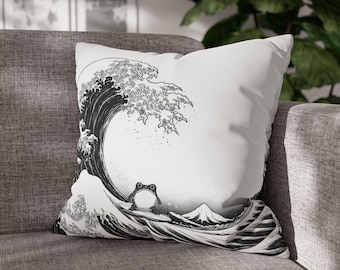 Funda de cojín con diseño de rana montando la gran ola, estilo japonés Ukiyo-e, decoración de olas oceánicas en blanco y negro, de inspiración vintage.