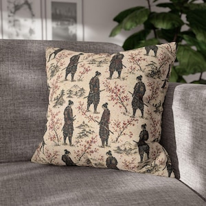 Samurai Japanischer Muster-Kissenbezug, Vintage-inspirierter Kissenbezug, Krieger-Kunst-Kirschblüte Dekokissenbezug
