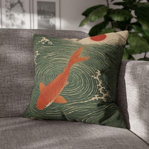 Japandi Koi Fish Green Cushion Cover, Japanese Minimalist Zen Decor, Green Wave Pattern Pillow Case, Wabi Sabi Home Aesthetic Throw Pillow