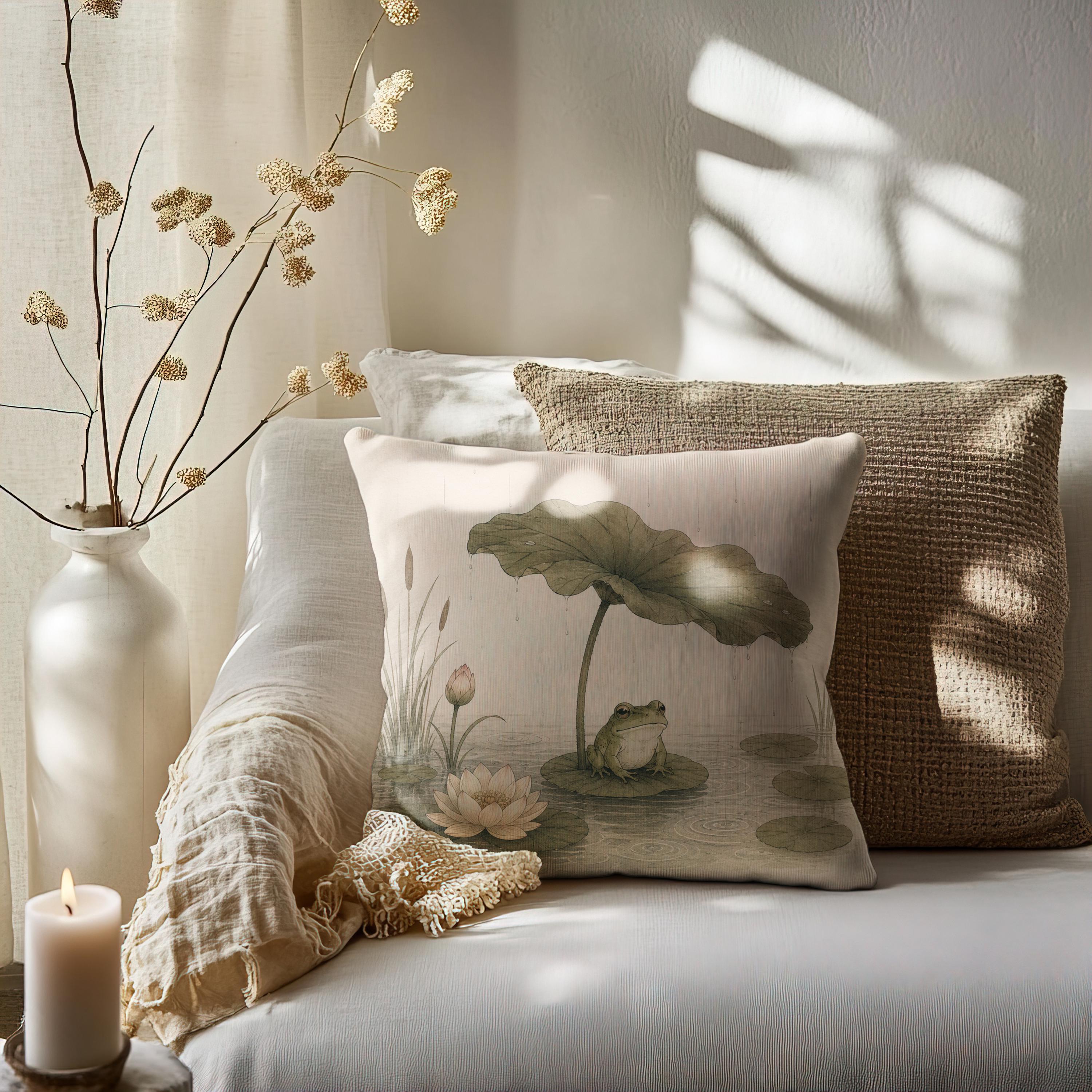 Frog Under Lotus Leaf Cushion Cover, Japanese Pond Pillowcase