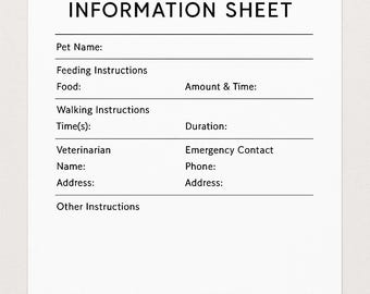 Pet Sitter Information Sheet | Printable Pet Sitter Checklist | Pet Care Instructions Template