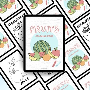 Peut inclure: L'écran d'une tablette numérique affiche une page de coloriage avec une pastèque, une poire, une orange, une banane et une pomme. Le titre de la page est "FRUITS COLORIAGE".