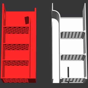 Könnte beinhalten: Ein 3D-gerendertes Bild von zwei vertikalen Aufbewahrungseinheiten. Eine ist leuchtend rot, die andere weiß. Jede Einheit hat drei Regale mit einem gemusterten Design. Die rote Einheit hat ein kleines rechteckiges Detail an der Seite. Der Hintergrund ist dunkelgrau.