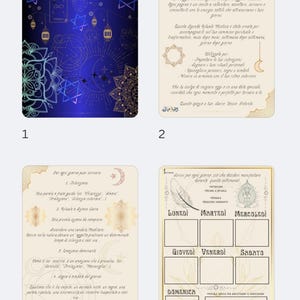 Può includere: Un set di quattro carte a tema mistico. La prima carta ha uno sfondo blu scuro con disegni celesti dorati e testo. Le altre carte hanno sfondi beige con testo e illustrazioni. Le carte sono progettate per rituali e auto-riflessione.