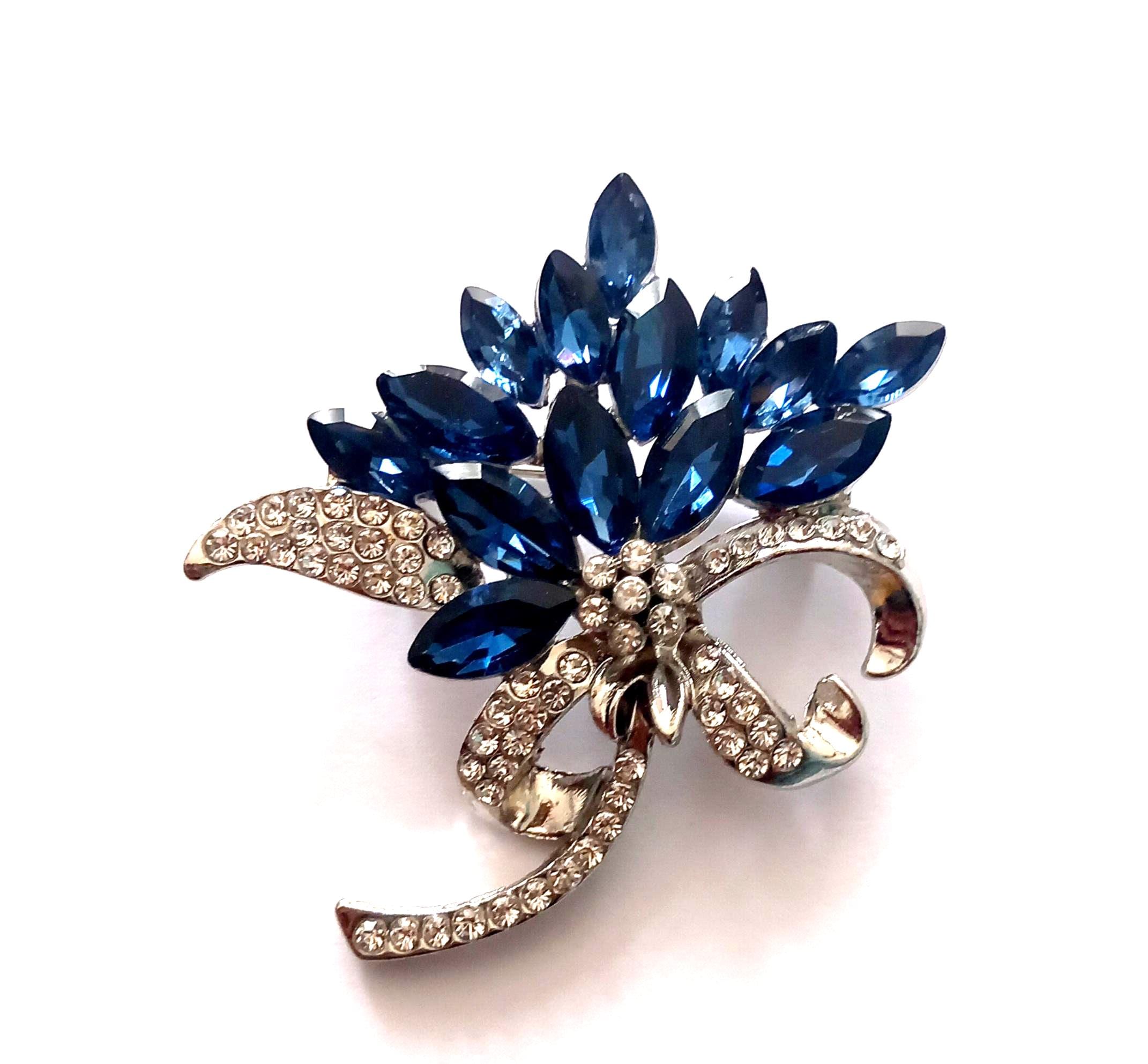 TTjewelry Broche Vintage en Forme de Fleur Ovale Bleue avec