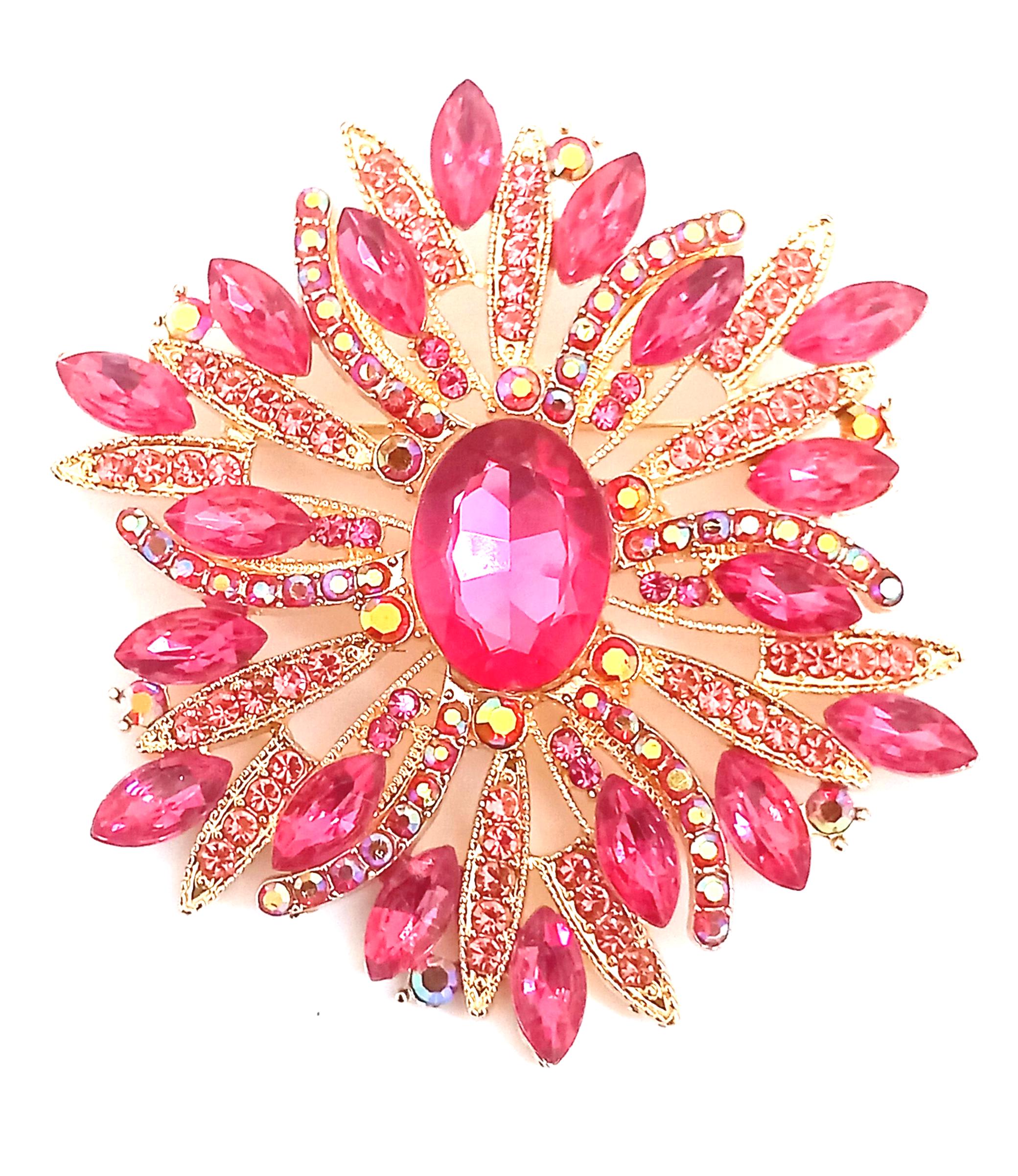 Broche en strass rouges, grande broche fleure dans des tons dorés et