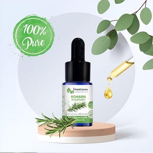 May include: A blue glass bottle of Romarin Rosemary essential oil with a black dropper. The label reads "100% Pure" and "PlantCosmo Laboratories." A sprig of rosemary and a drop of oil are also visible.