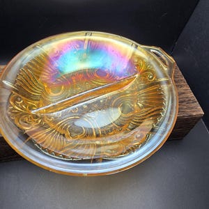Vintage Marigold Carnival Glass Relish Dish: Indiana Glass Killarney, 1970s