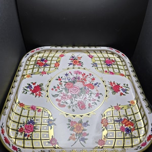 Vintage Metal Floral Serving Tray 13.5 x 13.5