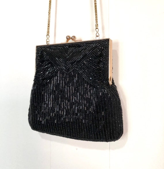 La Regale Vintage Black Beaded Evening Bag Purse Size Small