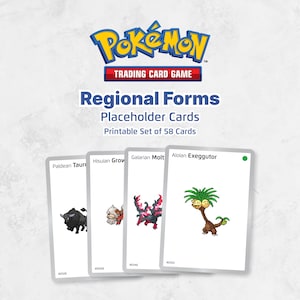 Puede incluir: Juego de cartas Pokémon con cartas de formas regionales. Las cartas muestran ilustraciones de Pokémon como Paldean Tauros, Hisuian Growlithe, Galarian Moltres y Alolan Exeggutor. El conjunto incluye 58 cartas imprimibles.