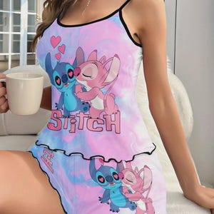 Disney Cute Stitch & Angel Pajama Set, Soft Cartoon Sleepwear for Women, Cute Cartoon Print,  Camisole Top and Tie-Dye Graphic Print Shorts