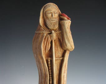 Handmade Statue of St. Fiacre, Patron of Gardeners, with Cat, Dog, Bird