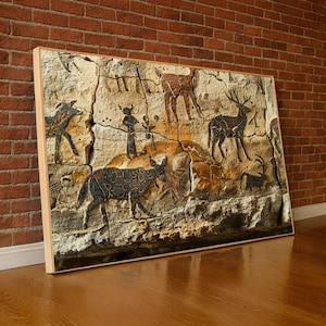 Puede incluir: Una obra de arte enmarcada que representa pinturas rupestres antiguas. La obra presenta representaciones de ciervos, figuras humanas y otros animales en tonos marrones, negros y beige, sobre un fondo agrietado y texturizado.
