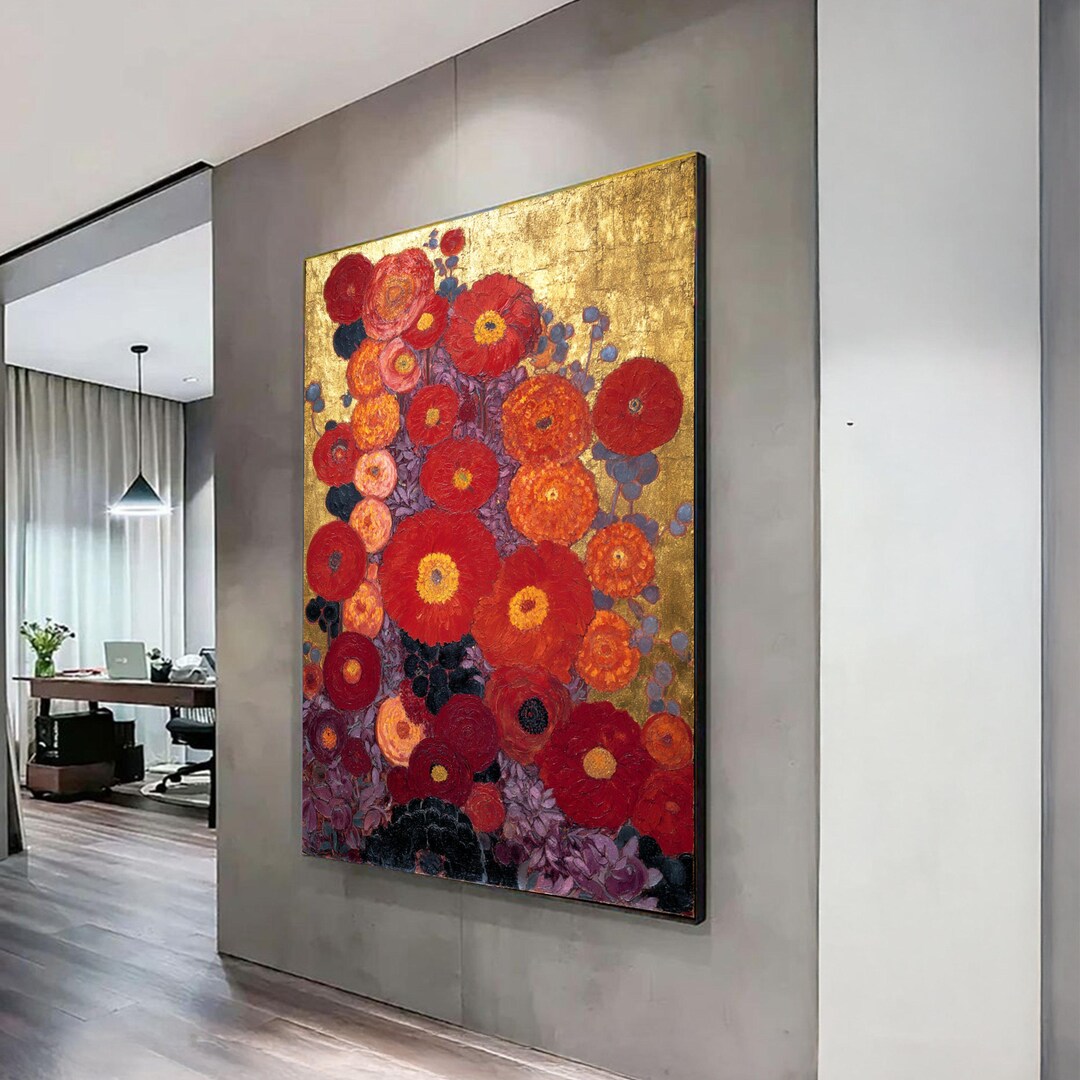 Vibrant Red and Orange Flowers Canvas, Abstract Floral Wall Art, Gold ...