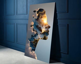 Surreal Woman Silhouette, Double Exposure Landscape Canvas, Mountain Sunset Art, Nature and Human Connection, Modern Wall Decoration