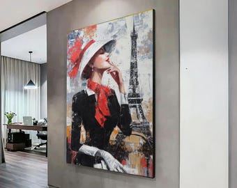 Elegant Parisian Woman Painting with Eiffel Tower Canvas, Vintage Fashion Art, Red Accents Wall Decor, Sophisticated Home Decoration