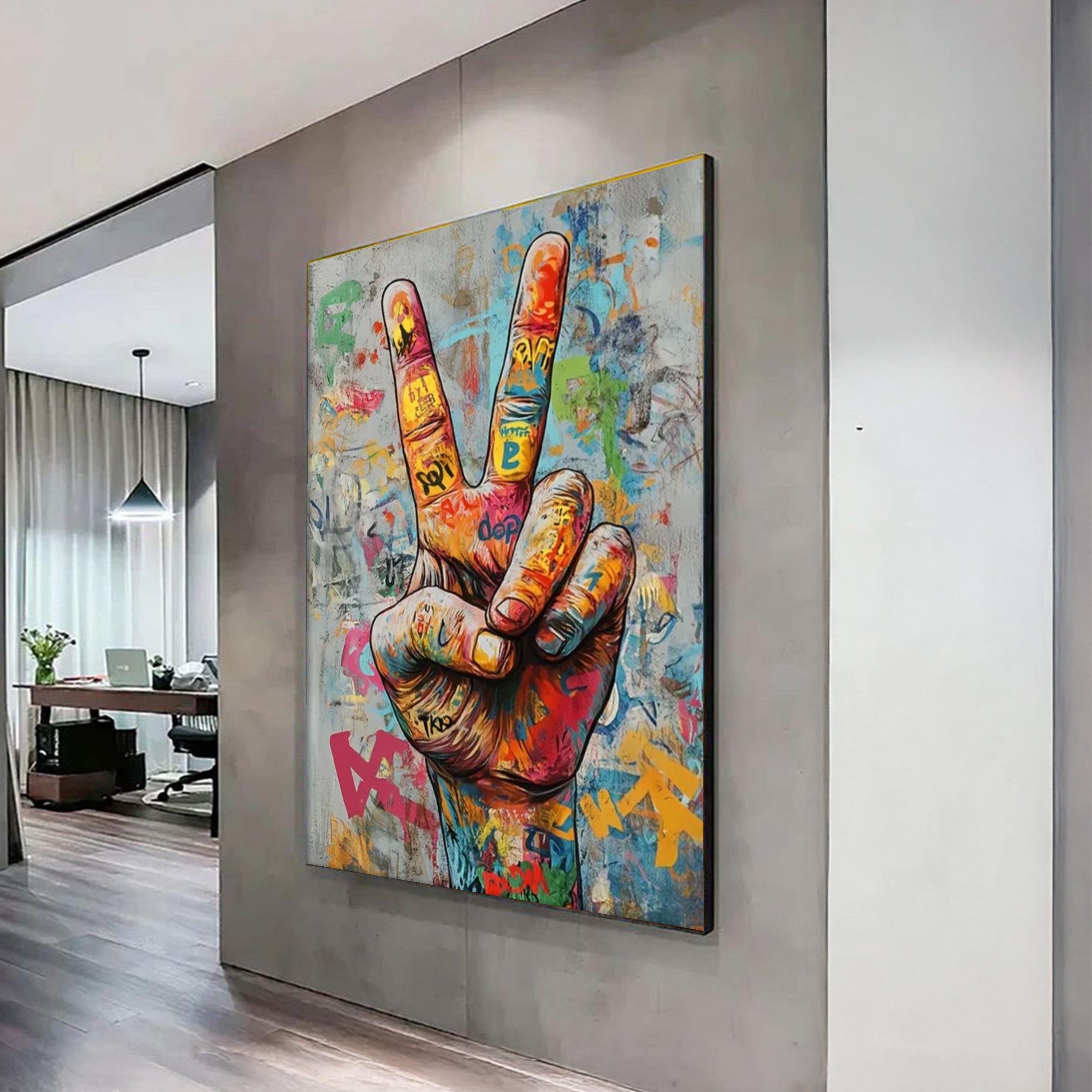 Vibrant Peace Sign Canvas, Colorful Graffiti Hand Art, Urban