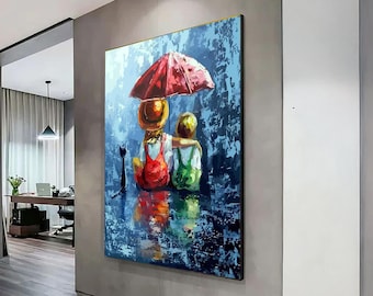 Children Sitting Under Red Umbrella Canvas, Rainy Day Friendship Wall Art, Cute Kids with Cat Painting, Colorful Reflective Water Scene