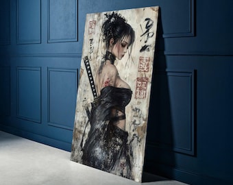 Dark Samurai Woman Canvas, Japanese Warrior Art, Female Fighter Wall Decor, Tattooed Warrior Canvas, Asian Style Battle Painting