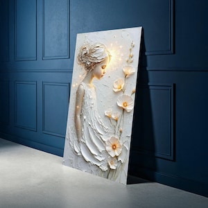 Ethereal Girl with Flowers Canvas, Wall Art, Soft Neutral Tones, Fairy Tale Inspired Home Decor, Elegant Canvas Painting