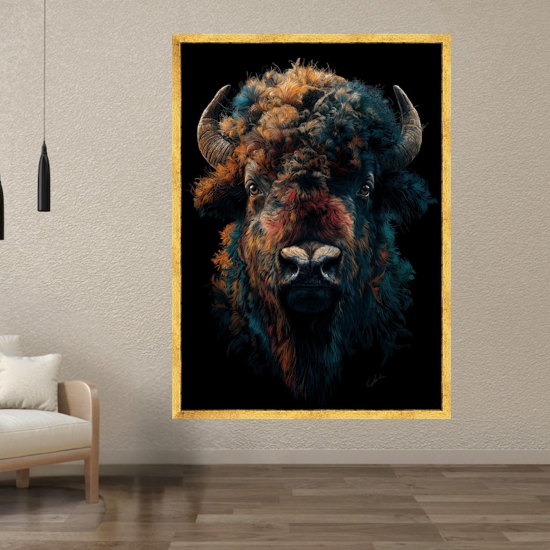 Vibrant Buffalo Portrait Canvas, Abstract Animal Wall Art, Colorful Bison Face, Wildlife Canvas Decoration, Modern Rustic Home Art image 2