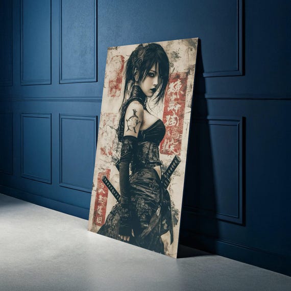 Dark Samurai Woman Canvas Wall Art, Gothic Warrior Portrait, Japanese Sword Art, Anime Style Decoration, Edgy Home Wall Decor