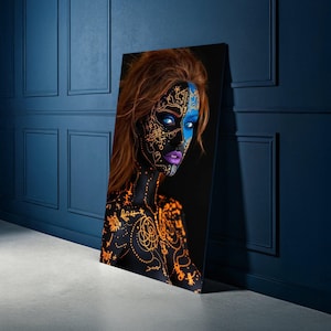 Neon Tribal Face Paint Canvas, Abstract Body Art Wall Decor, Blue and Orange Glow, Modern Artistic Portrait Canvas, Unique Home Decoration image 1