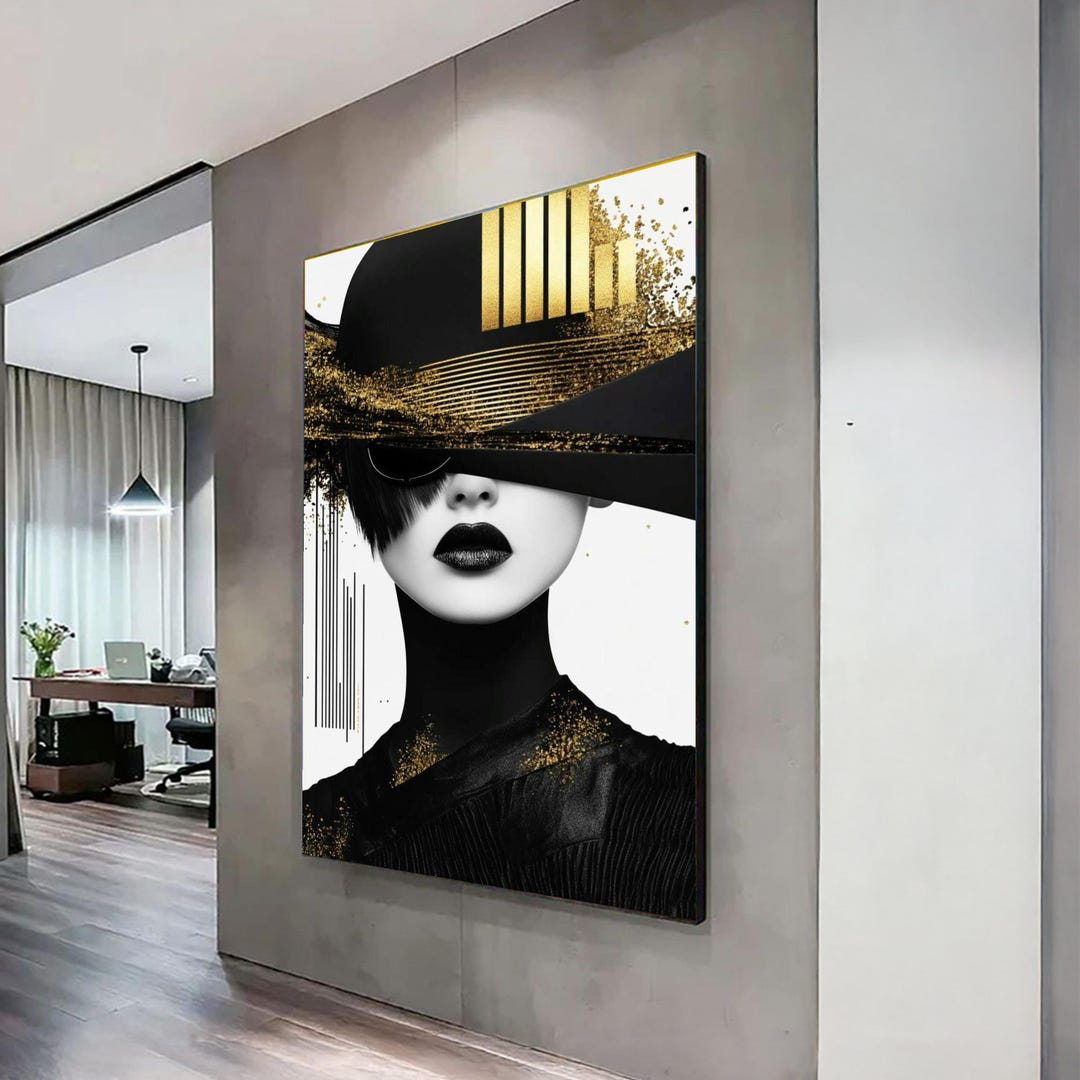 Elegant Abstract Portrait Canvas, Modern Woman Wall Art, Black and Gold ...