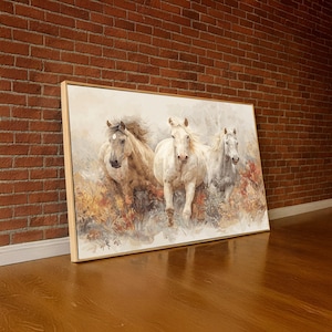Majestic Wild Horses Running Canvas, Nature Animal Wall Art, Rustic Farmhouse Decor, Neutral Tones Canvas Print, Equestrian Home Decoration