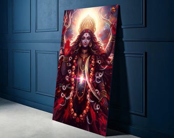 May include: A canvas print featuring a vibrant depiction of the Hindu goddess Kali. The artwork showcases Kali with multiple arms, adorned with skulls, and holding weapons. The color palette includes reds, golds, and blues, creating a dramatic and spiritual aesthetic.