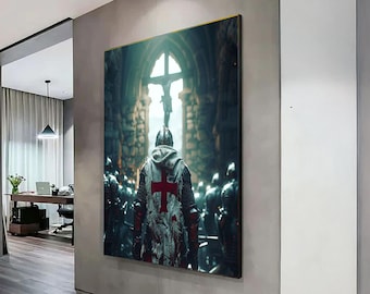 Medieval Knight with Red Cross Canvas, Crusader Armor Wall Art, Historical Warrior Decoration, Gothic Church Interior, Knight Battleground