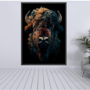 Vibrant Buffalo Portrait Canvas, Abstract Animal Wall Art, Colorful Bison Face, Wildlife Canvas Decoration, Modern Rustic Home Art image 3