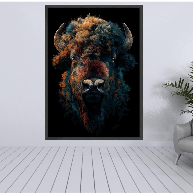 Vibrant Buffalo Portrait Canvas, Abstract Animal Wall Art, Colorful Bison Face, Wildlife Canvas Decoration, Modern Rustic Home Art image 3