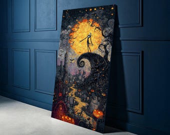 不気味なハロウィーン墓地のキャンバス、ジャック・スケリントンのアート、満月の夜の壁飾り、ゴシックなカボチャの小道のキャンバス、幽霊の出る風景の壁