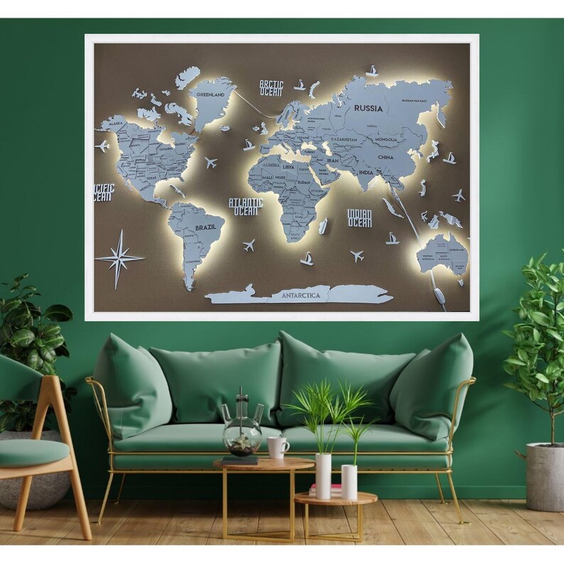 Map Backlit Graphic Illuminated World Map Canvas Wall Art, Global Geography Decor, Modern ...