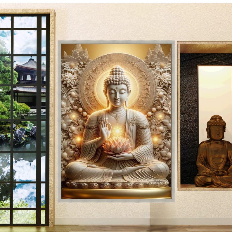 Golden Buddha Meditation Canvas, Spiritual Wall Art, Zen Lotus Flower ...