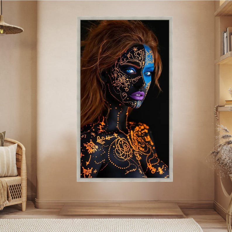 Neon Tribal Face Paint Canvas, Abstract Body Art Wall Decor, Blue and Orange Glow, Modern Artistic Portrait Canvas, Unique Home Decoration image 4
