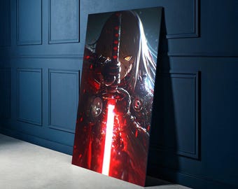 Tela raffigurante un guerriero feroce con spada luminosa, arte murale anime samurai, illustrazione fantasy oscura, intensa scena di battaglia, decorazione per la casa drammatica