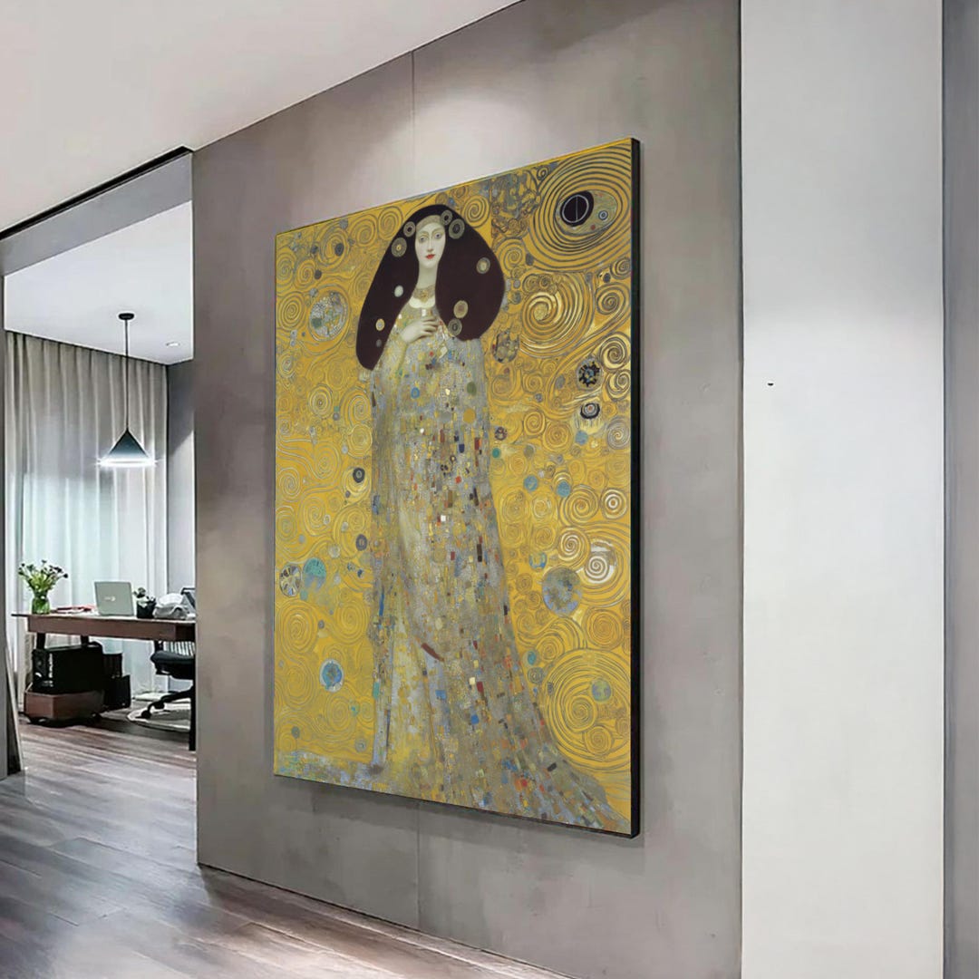 Elegant Woman in Ornate Gold Dress Canvas, Gustav Klimt Style Portrait ...