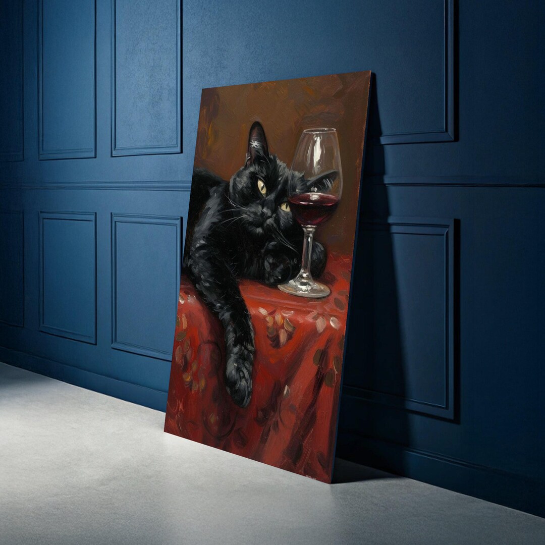 Relaxed Black Cat With Wine Glass Canvas, Cozy Home Decor, Animal ...