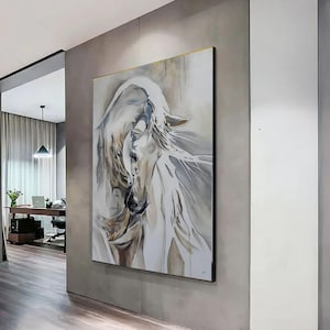 Elegant White Horse Canvas Wall Art, Abstract Equine Painting, Modern Animal Canvas, Nature Wall Decor, Ready to Hang Home Art